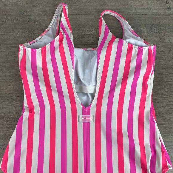 Fabletics White&Pink Stripe Neon Candy Sunset Scoop One Piece Swimsuit Sz.XL - Picture 11 of 16